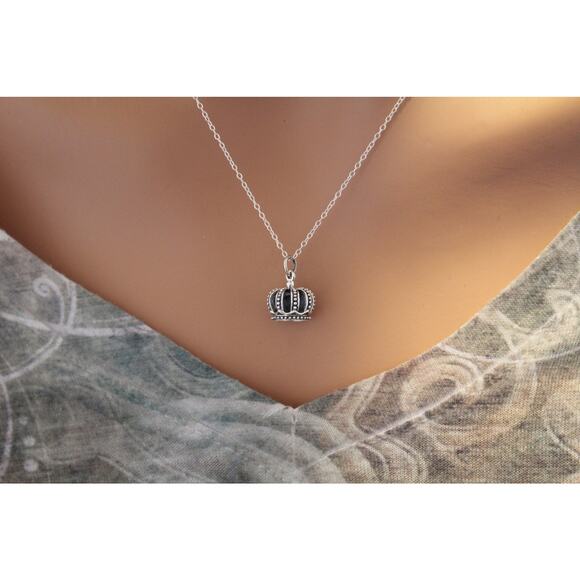 Sterling Silver Realistic Crown Charm Necklace, 3D Crown Pendant Necklace - Picture 3 of 3